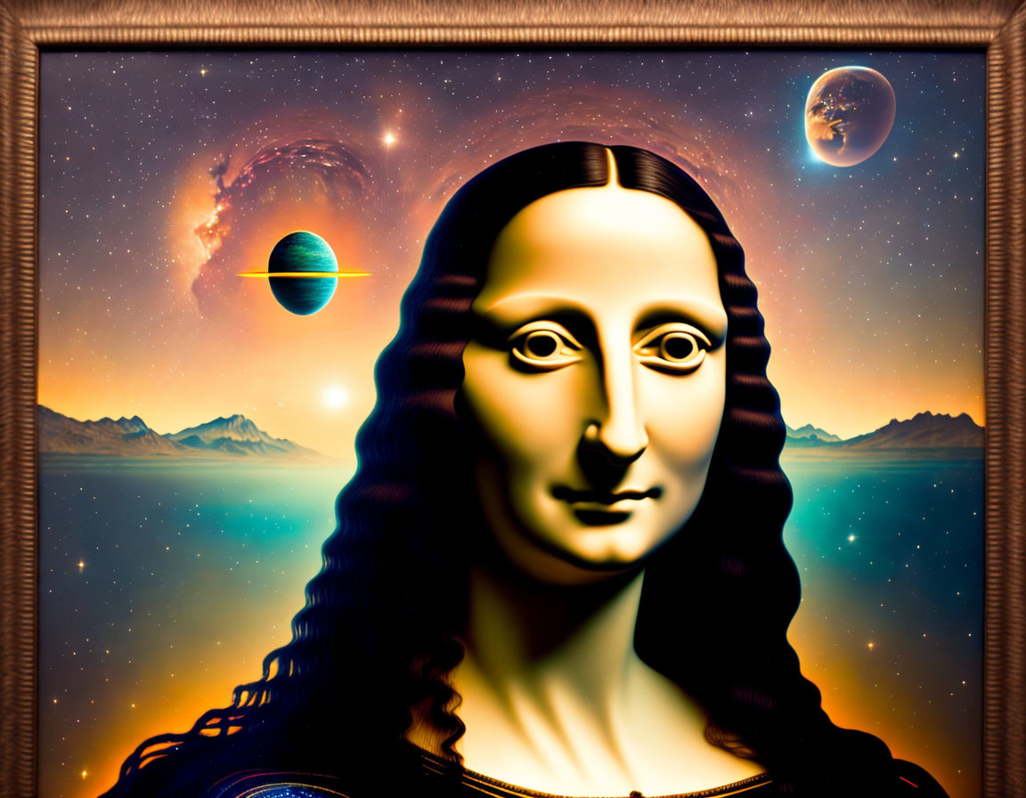 Surreal Mona Lisa with cosmic background and ornate frame