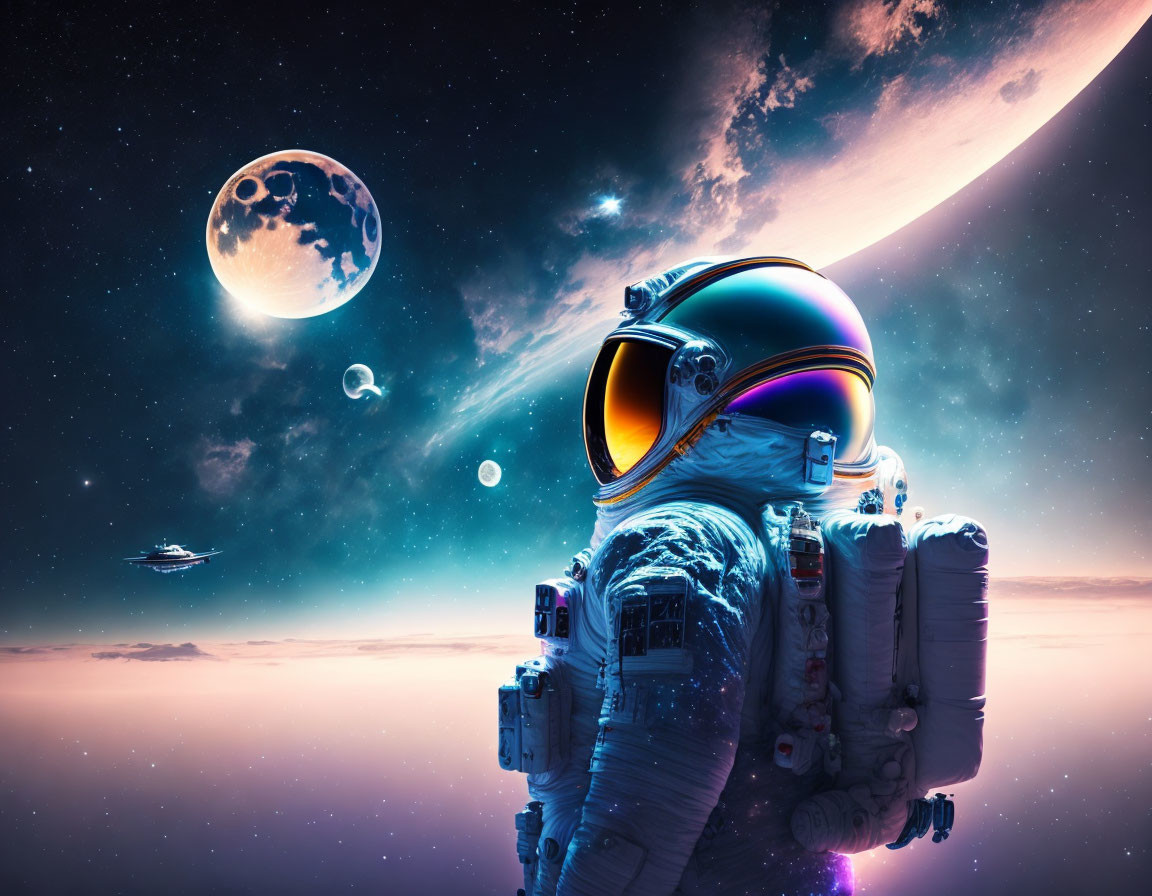 Astronaut viewing Earth, moon, spaceship in starry sky
