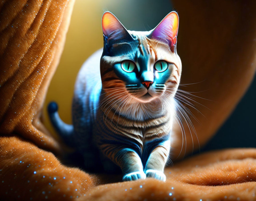 Vibrant blue-eyed cat with patterned fur on orange surface