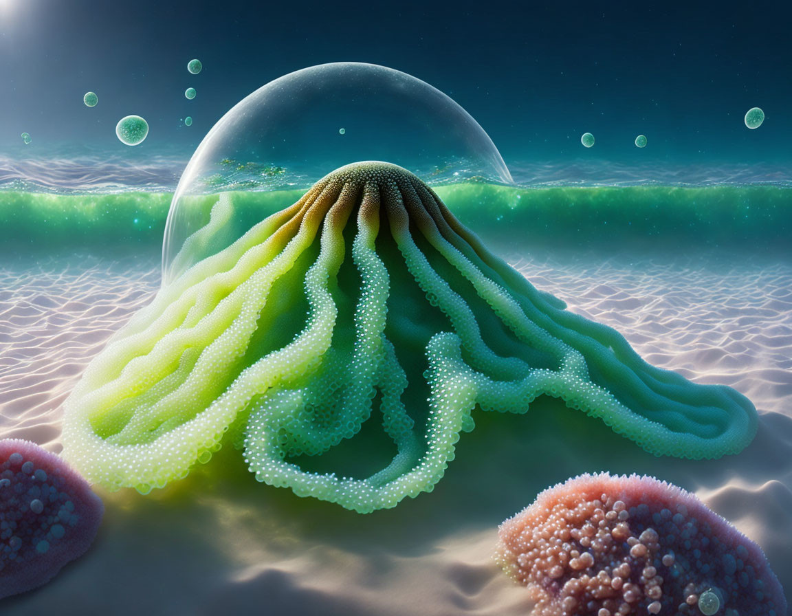 Transparent jellyfish-like creature with dome and tentacles underwater with rising planet.
