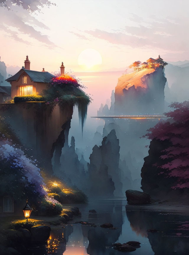 Tranquil sunset fantasy landscape with cliffside houses, blooming trees, and river