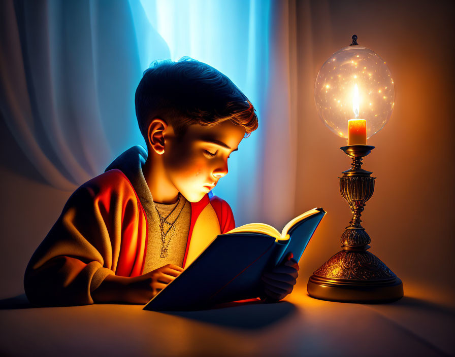 Young boy reading book by candle and lamp in dimly lit room