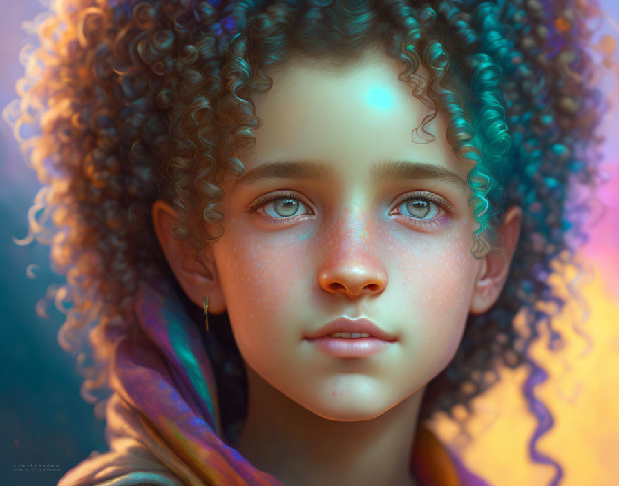 Portrait of a young person with curly hair, blue eyes, and freckles under warm and cool