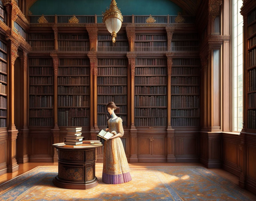 Vintage-dressed woman reading in grand library with wooden bookshelves