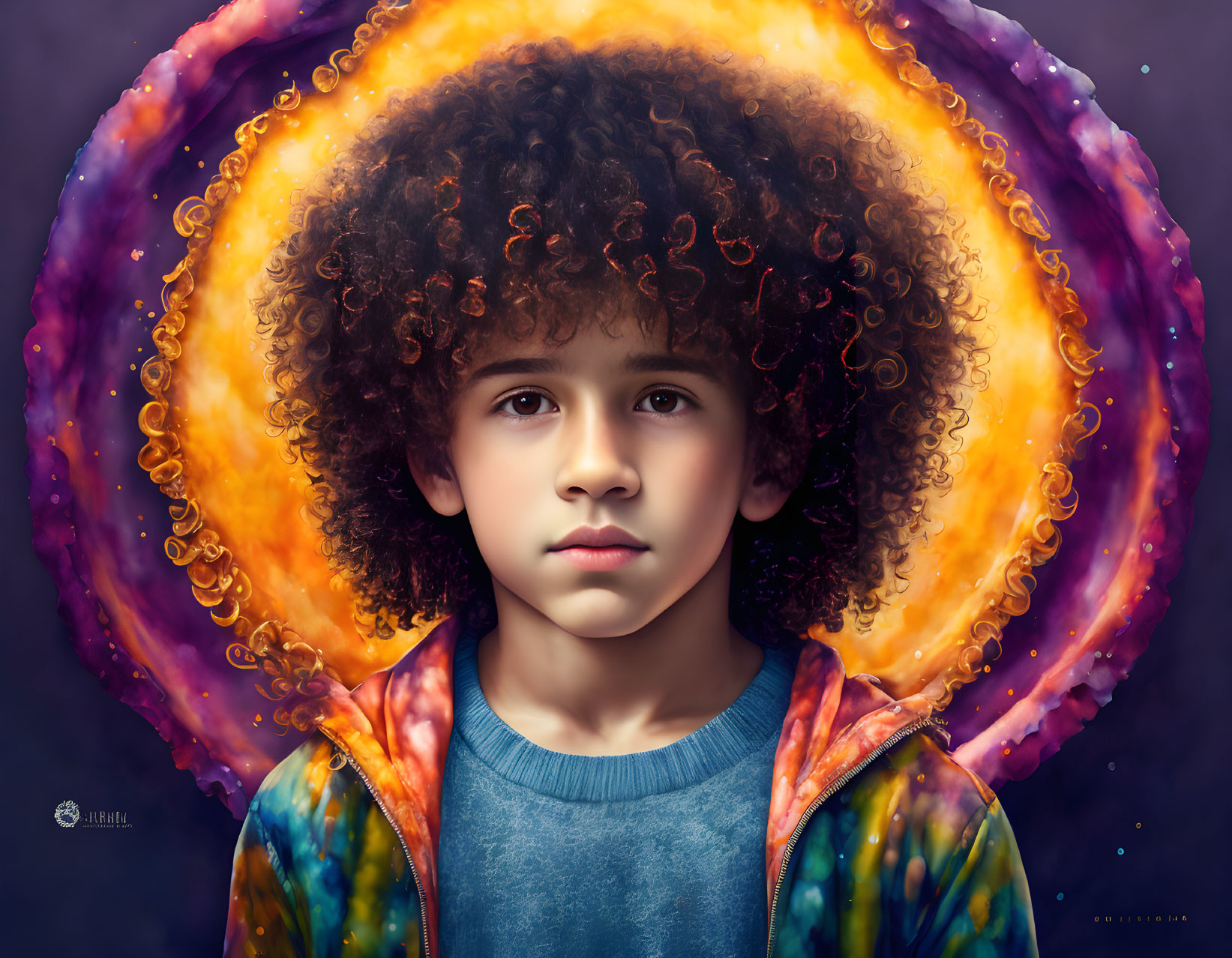 Colorful Hoodie Boy with Curly Hair and Cosmic Halo Illustration