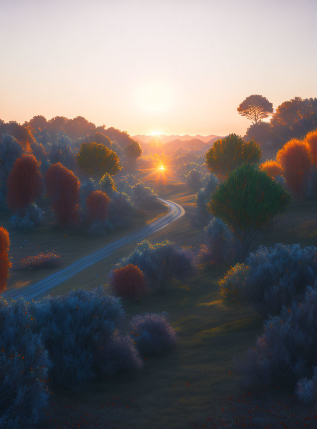 Sunrise landscape with winding road and trees in tranquil setting