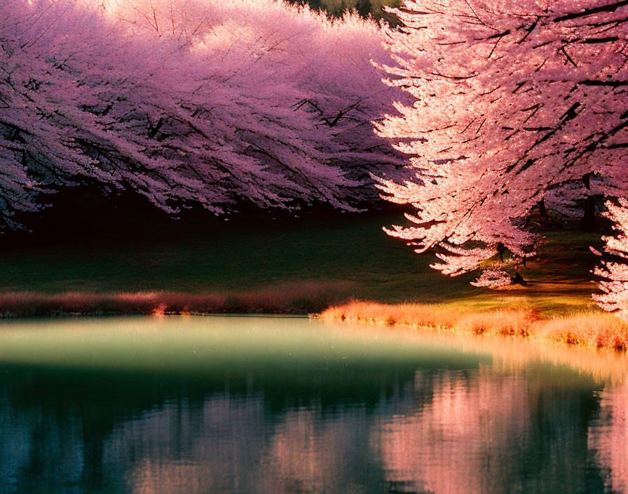 Pink Cherry Blossoms Reflecting in Serene Lake with Green Meadow