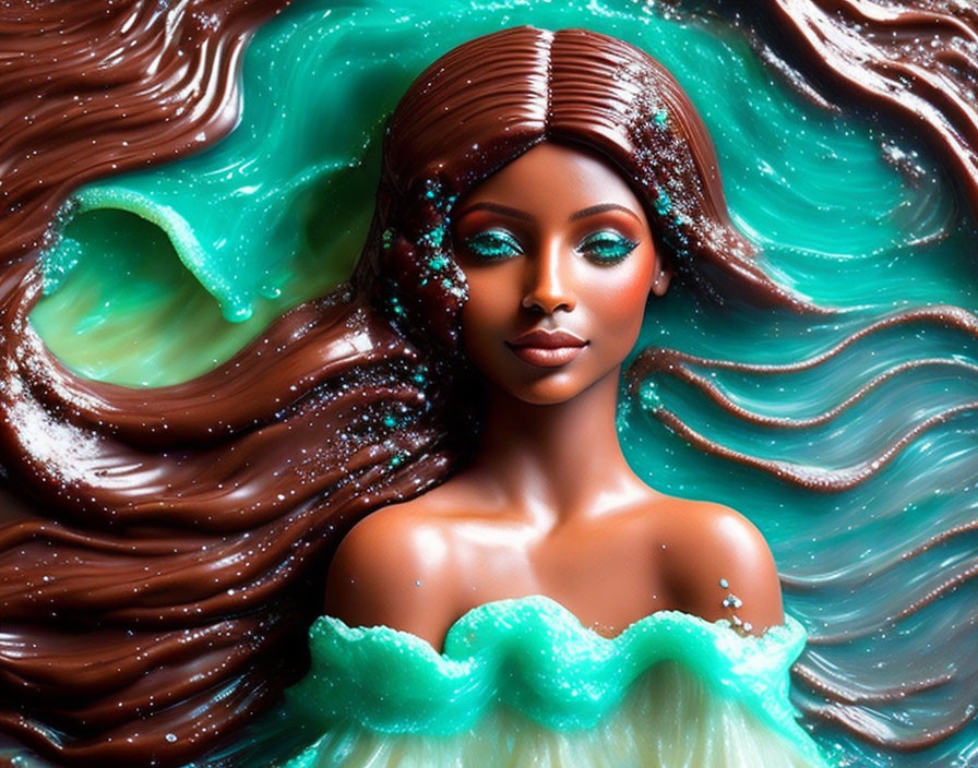 Woman with Chocolate-Brown Hair in Swirling Melted Chocolate Patterns