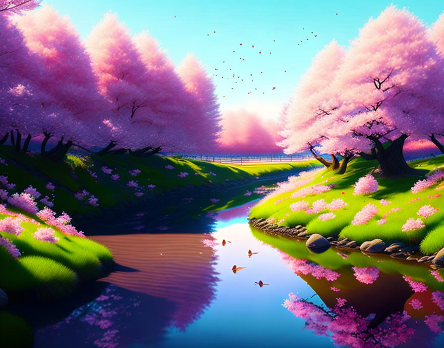 Tranquil landscape with pink cherry blossom trees, river, bridge, floating petals, and birds.