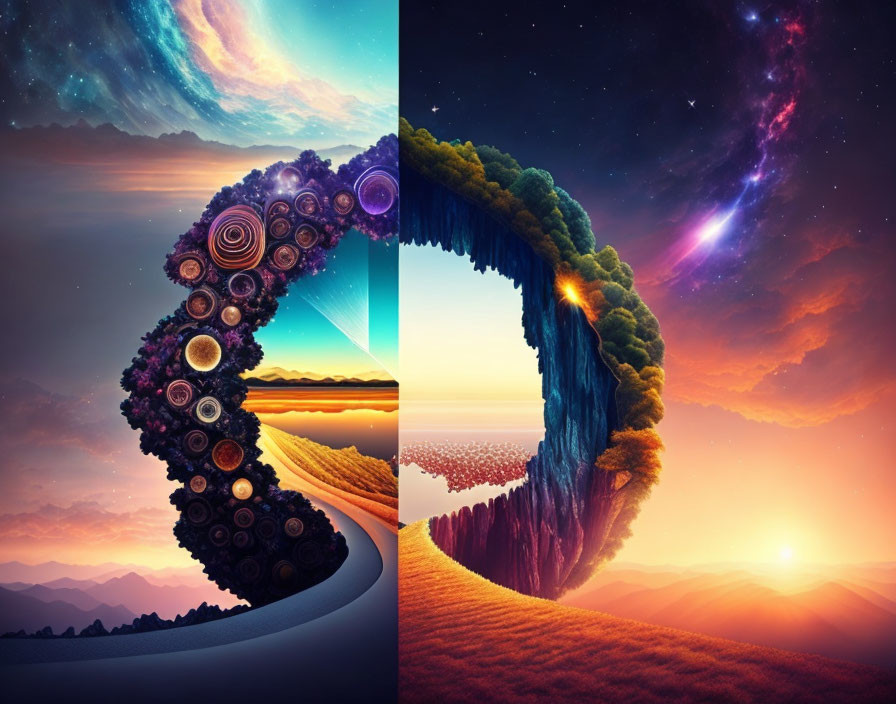 Surreal composite image: Contrasting landscapes form circular day-night portal