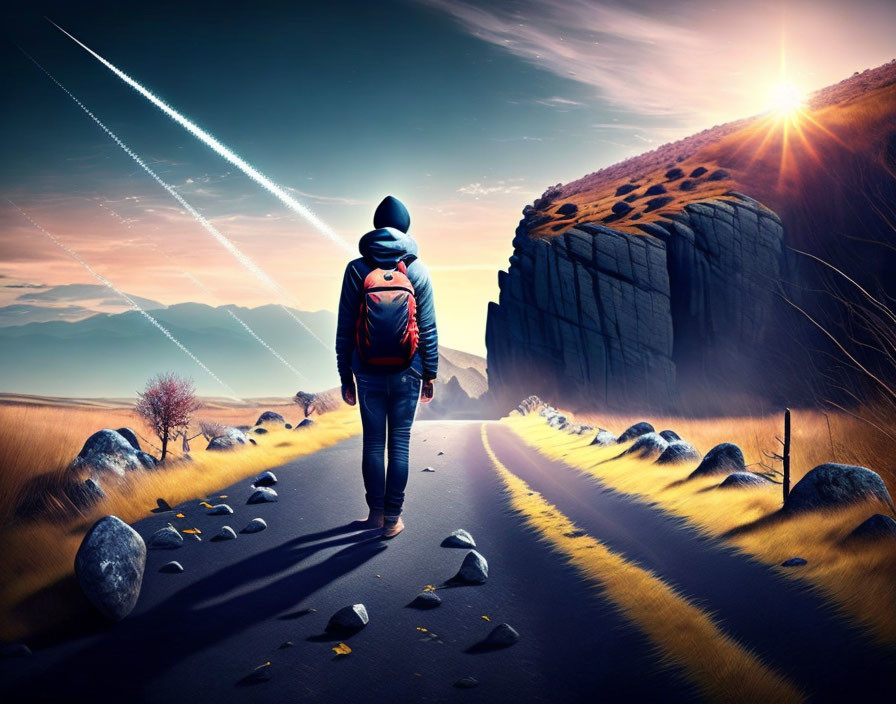 Person with backpack walking on desolate road towards setting sun with rocky cliffs and dramatic sky