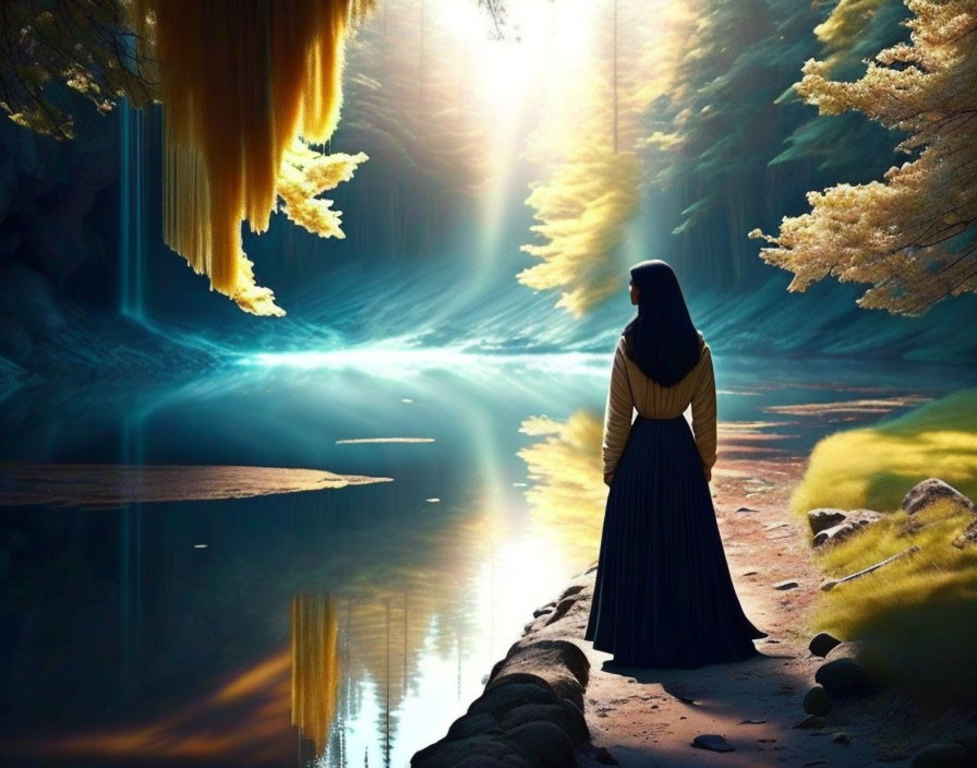 Woman in Long Skirt by Serene Lake in Mystical Forest