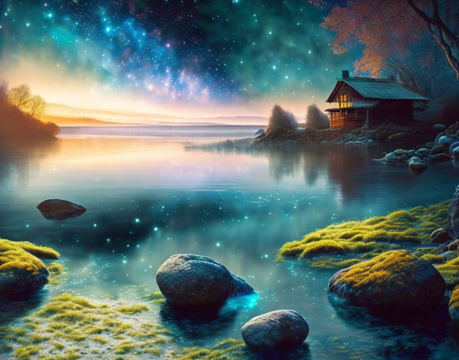 Tranquil lakeside twilight with starry sky, cabin, rocks, and reflection