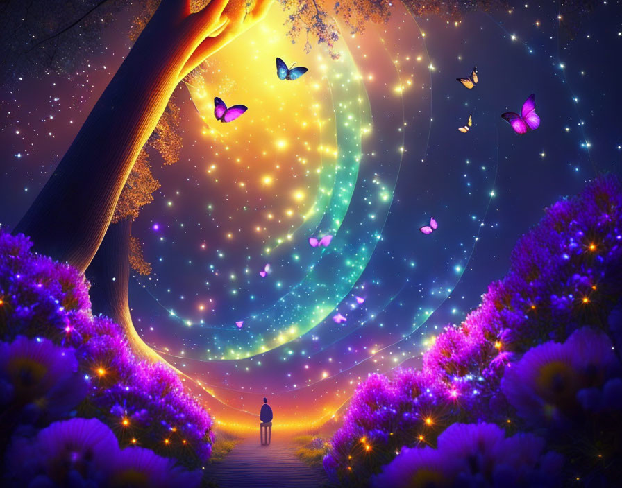 Colorful digital art of person in mystical forest with glowing flowers and galaxy