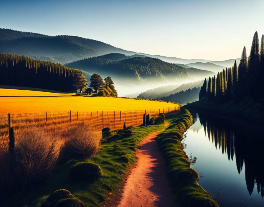 Tranquil sunrise landscape with river, trees, path, and misty hills