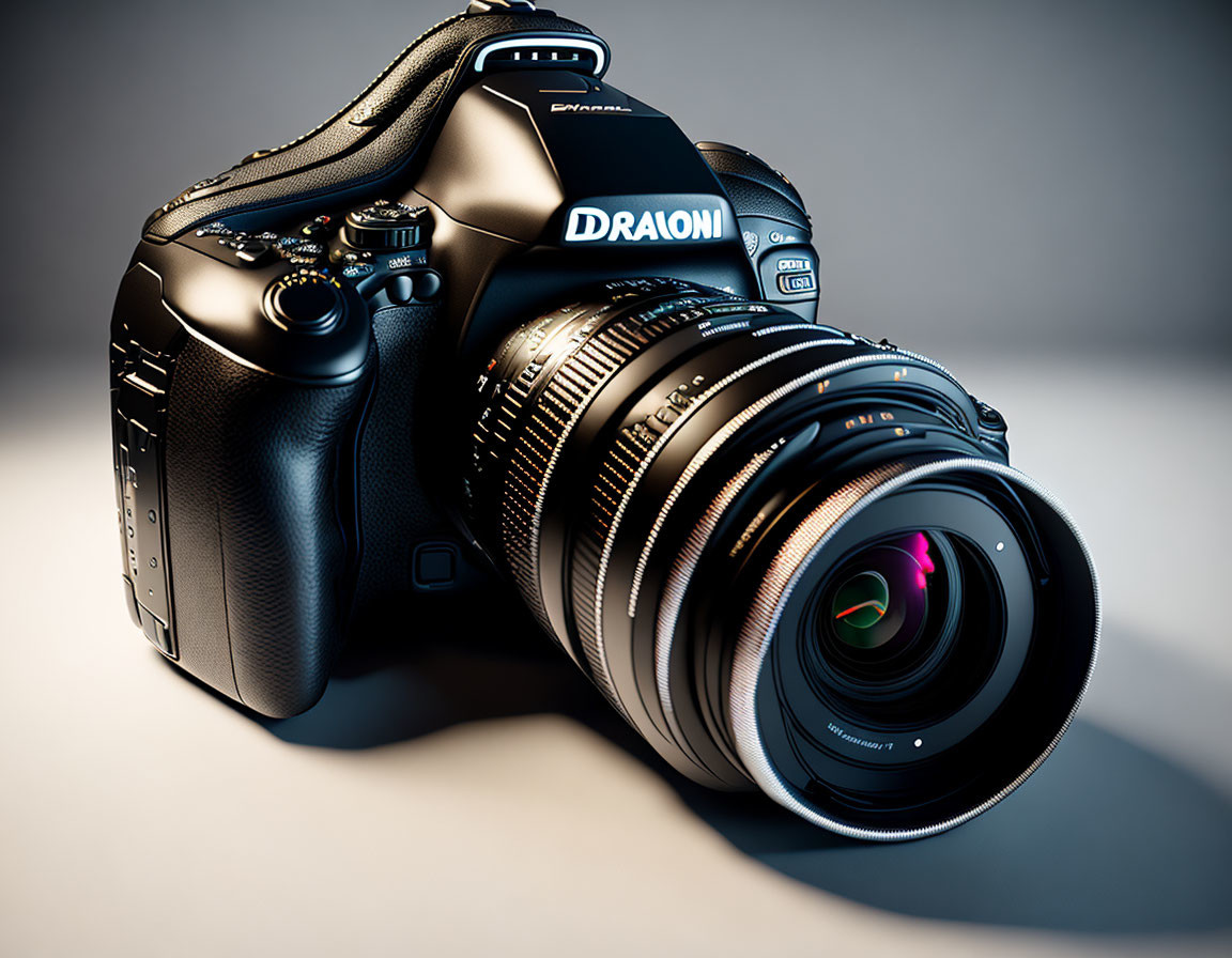 Professional DSLR Camera with Large Zoom Lens on Reflective Surface