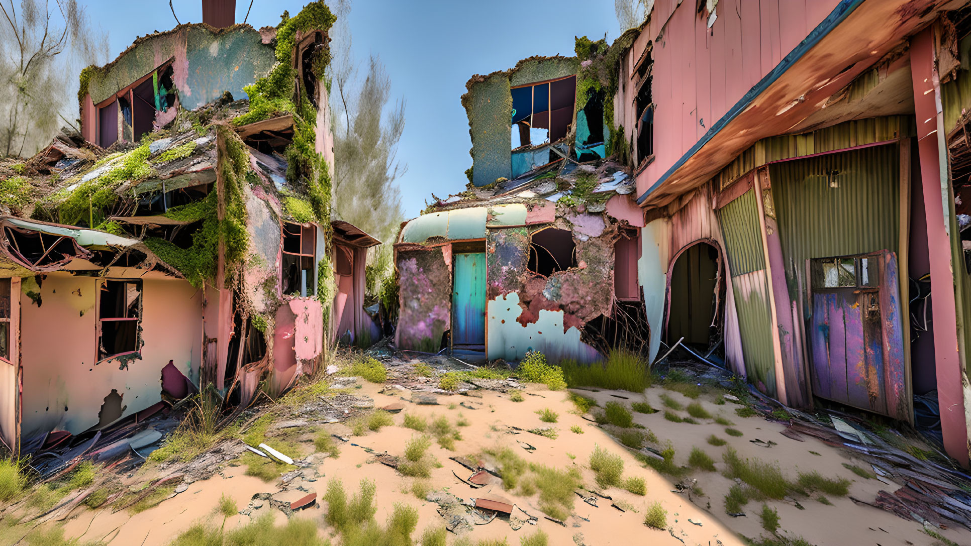 Abandoned building with overgrown plants and peeling paint