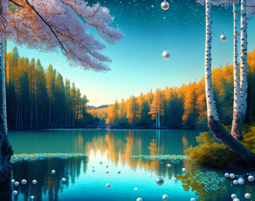 Tranquil Blue Lake with Autumn Trees and Ethereal Orbs