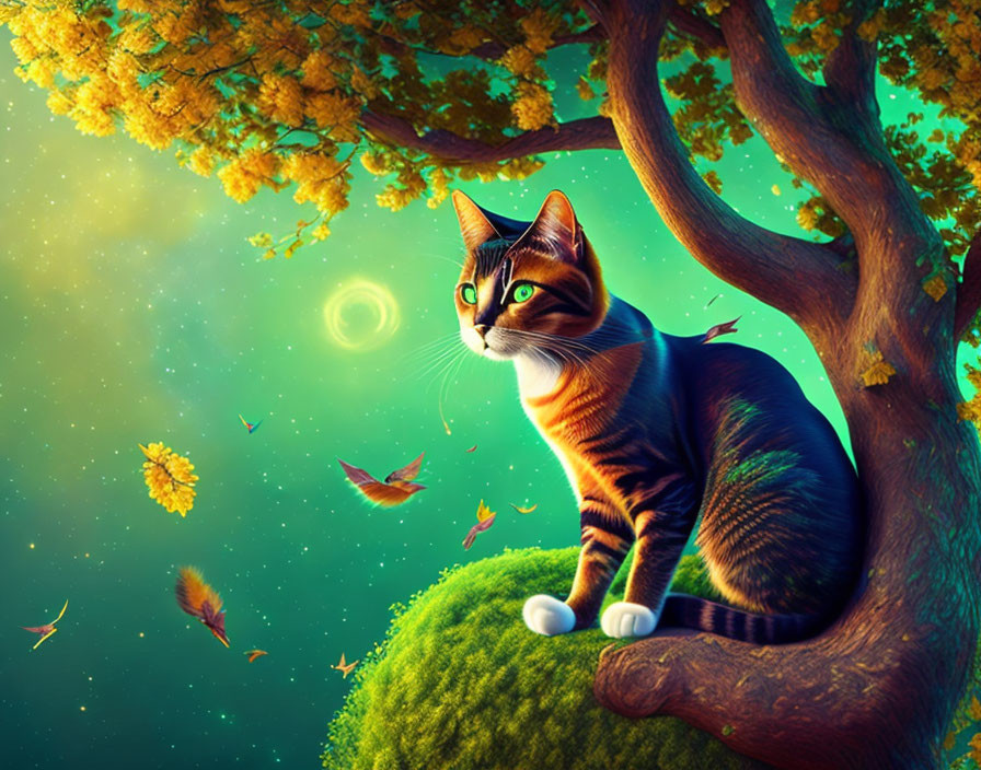 Colorful Cat on Mossy Branch in Fantasy Landscape with Golden Foliage