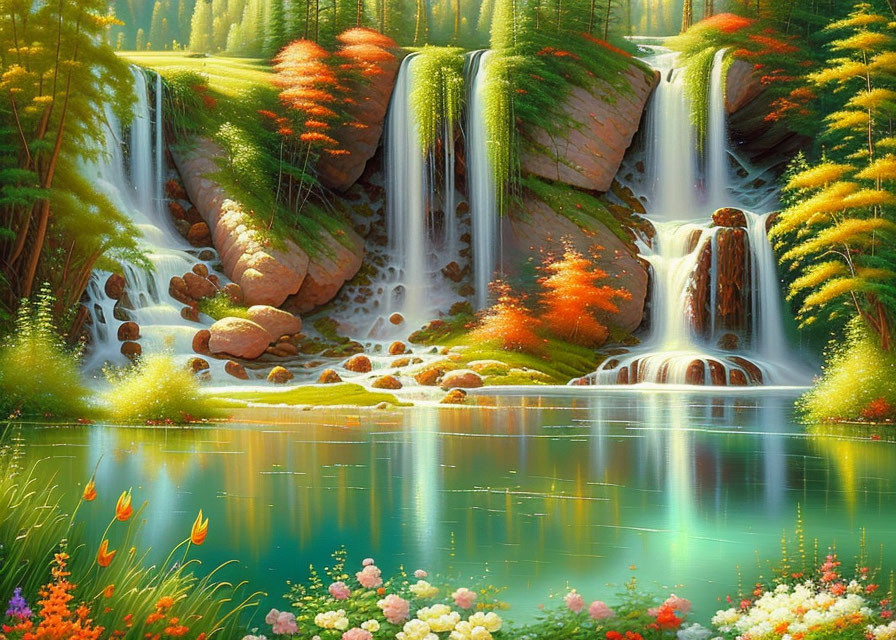 Fantastical landscape with cascading waterfalls and serene lake