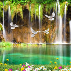 Fantastical landscape with cascading waterfalls and serene lake