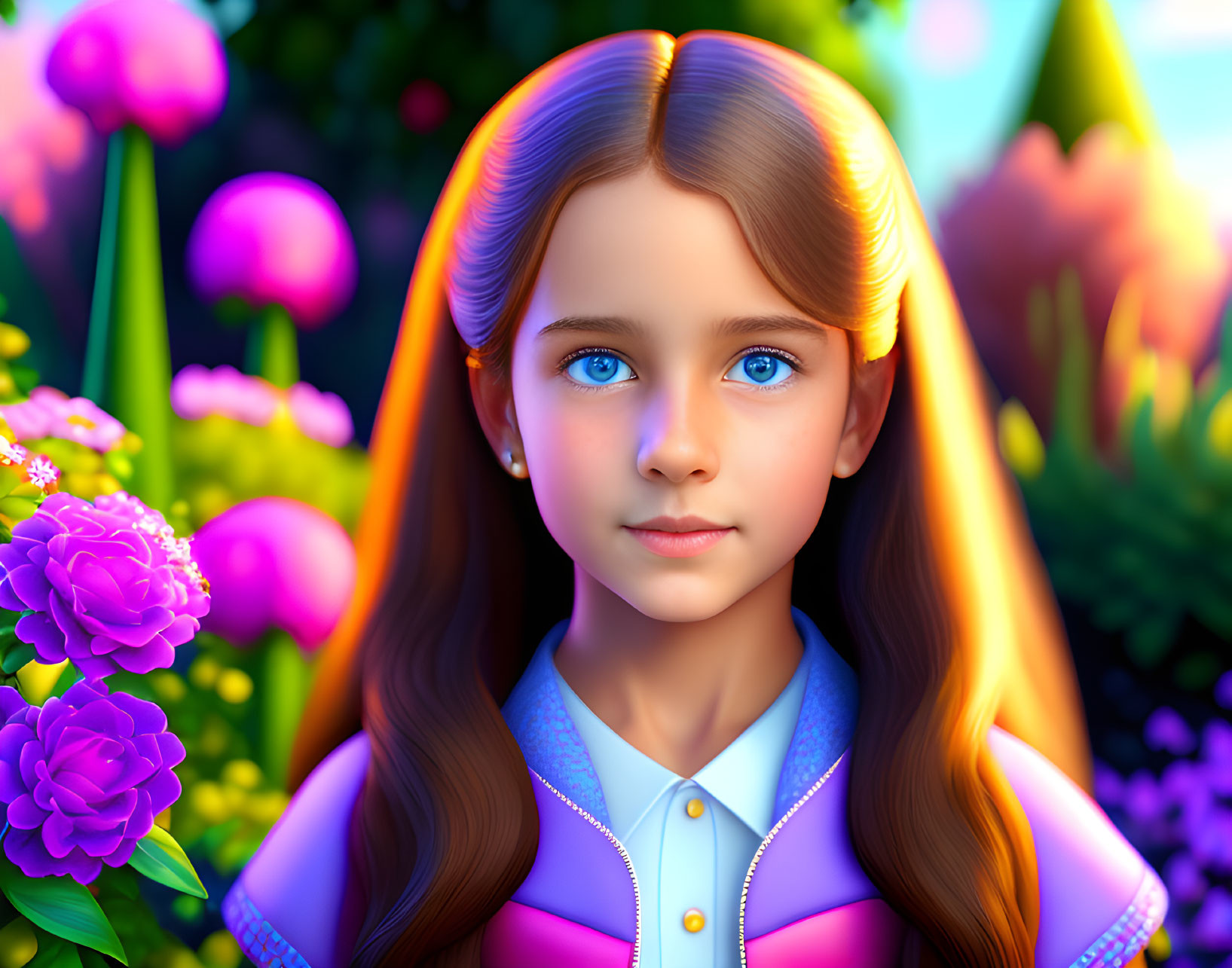 Digital artwork: Young girl with blue eyes and long brown hair in vibrant garden setting.