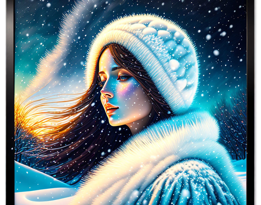 Digital artwork: Woman in white winter attire with snowfall and mystical glow