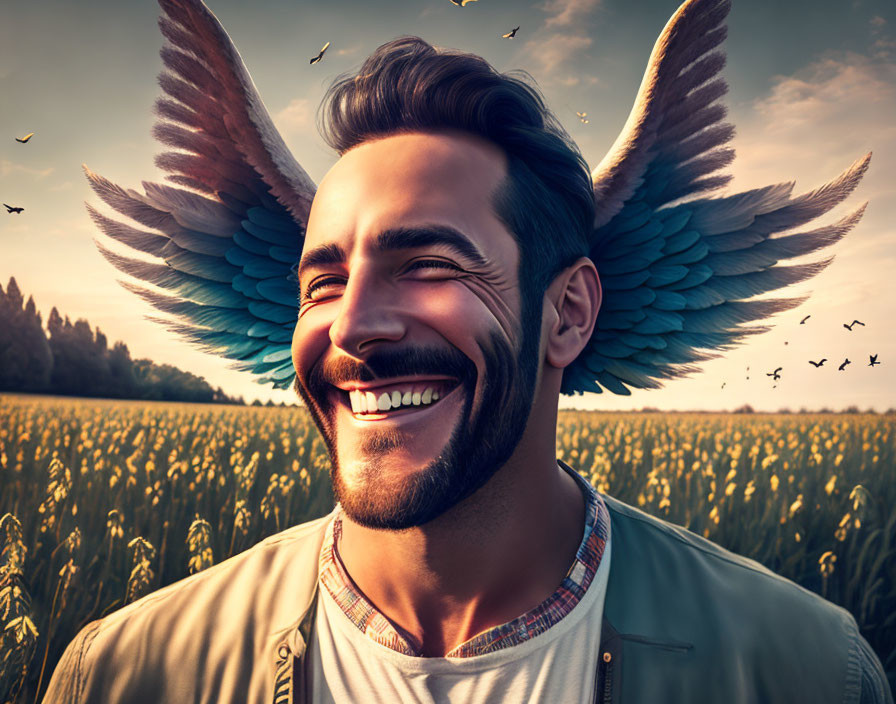 Bearded man with bird wings in field with flying birds