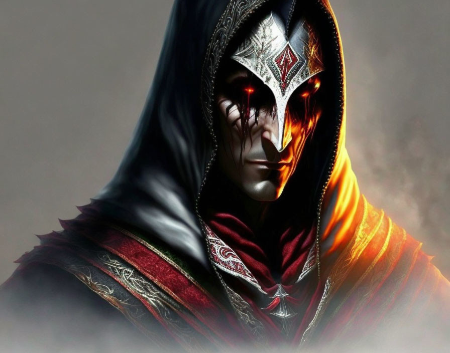 Digital Artwork: Mysterious Figure in Hooded Cloak with Red and Gold Accents