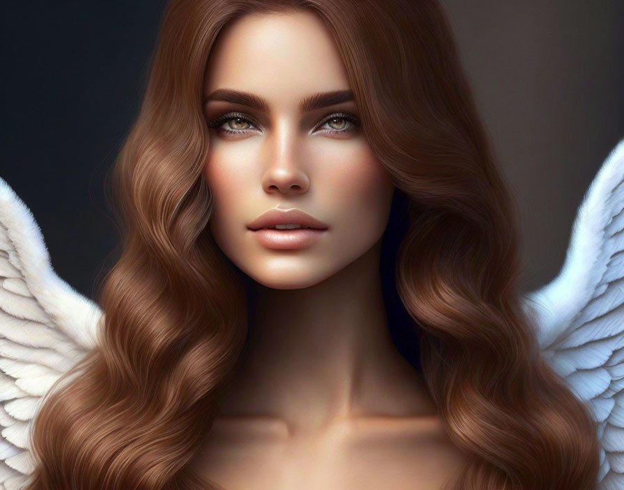 Digital artwork of angelic figure with wavy brown hair, blue eyes, and white wings