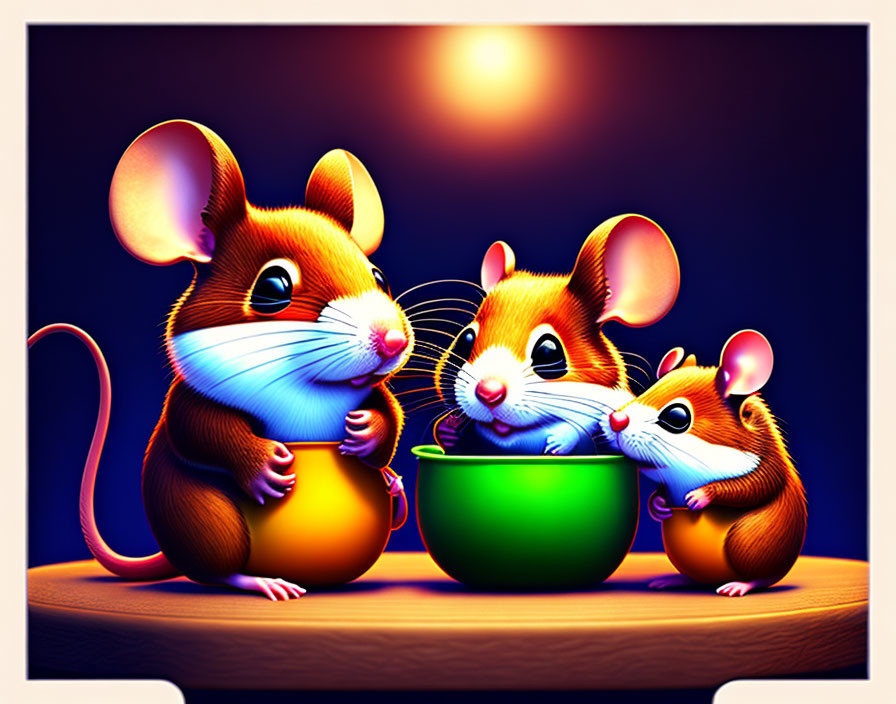 Three animated mice with large ears and eyes around a green bowl on a wooden surface