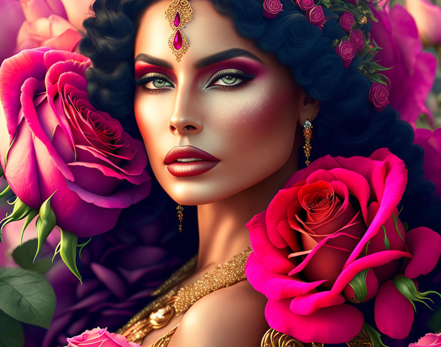 Vibrant makeup and roses in hair digital portrait with gold jewelry