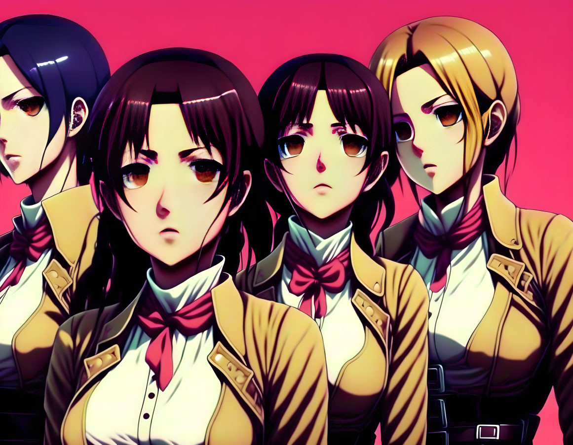 Three Dark-Haired Female Anime Characters in Military Uniforms on Pink Background