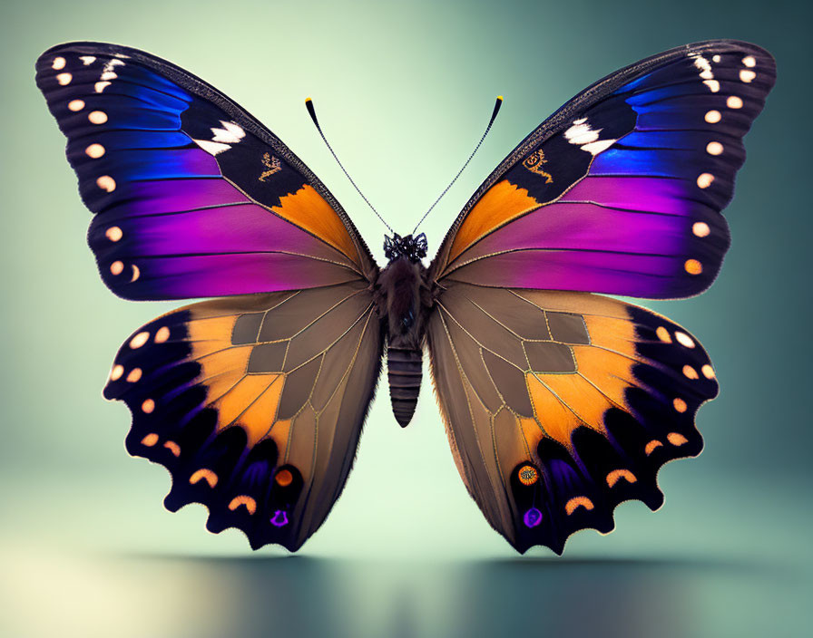 Vibrant Purple, Black, and Orange Butterfly on Greenish Background