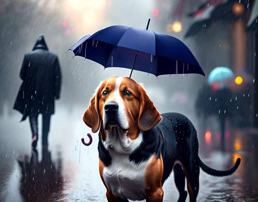 Beagle holding umbrella in mouth on rainy city street