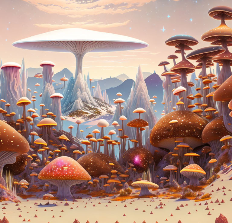 Colorful Mushroom-Filled Fantasy Landscape at Sunset