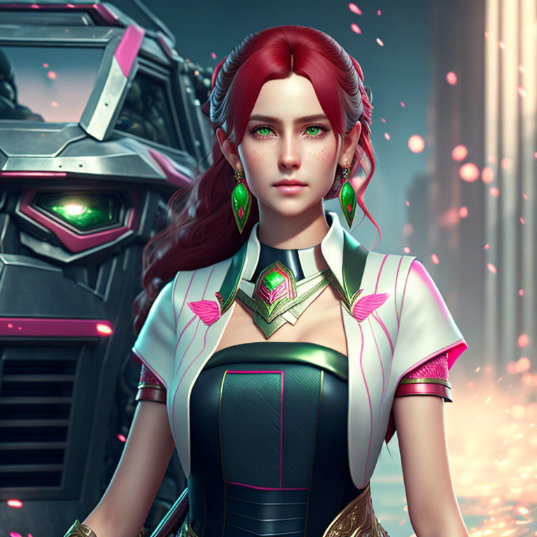 Digital artwork: Woman with red hair and green eyes in futuristic attire by robotic structure emitting pink light