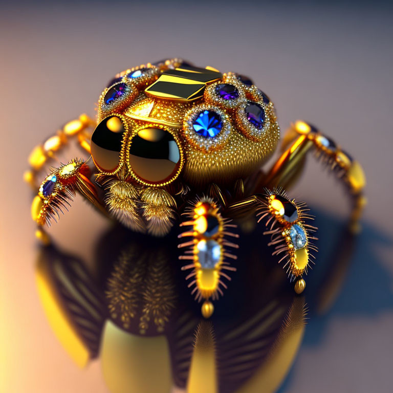 Golden jeweled spider on reflective surface with gradient background