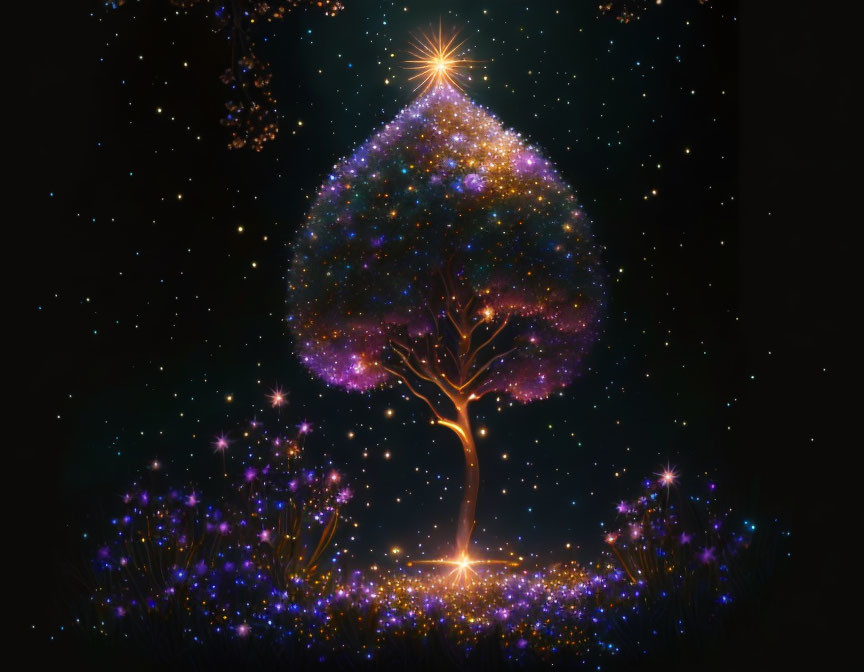 Mystical glowing tree with star-filled spade branches and radiant flowers