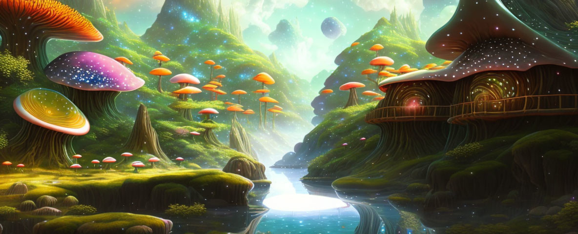 Colorful oversized mushrooms in alien forest with glowing river and multiple moons