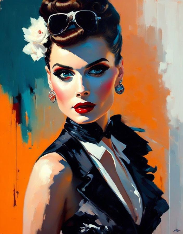 Stylized portrait of woman with elegant updo and vintage sunglasses