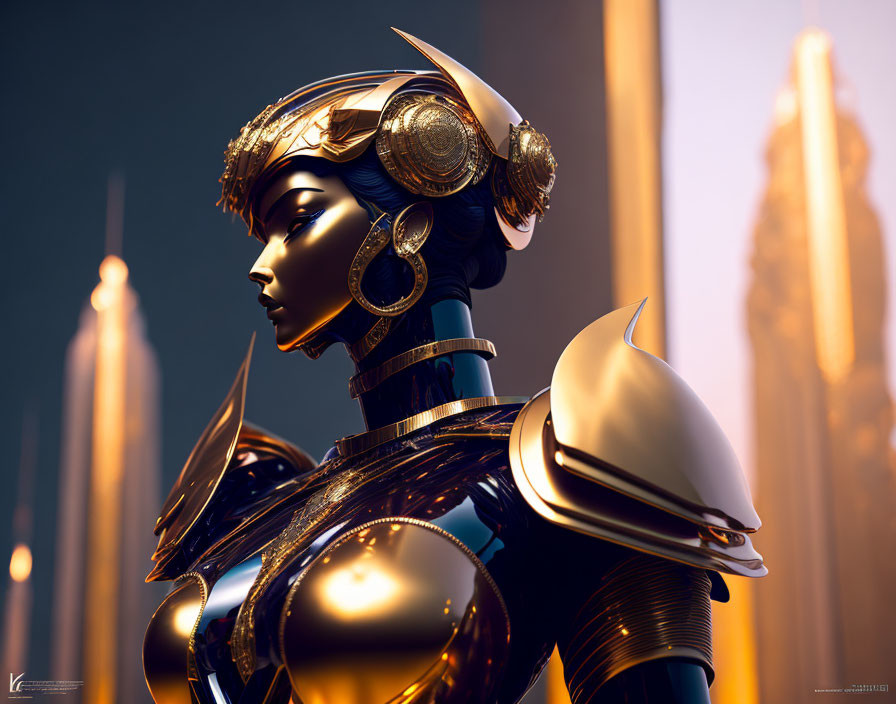 Futuristic digital art: Female figure in golden armor amid high-tech skyscrapers