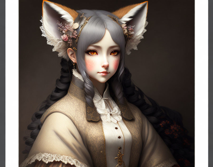 Illustrated female character with fox ears and Victorian attire on dark background