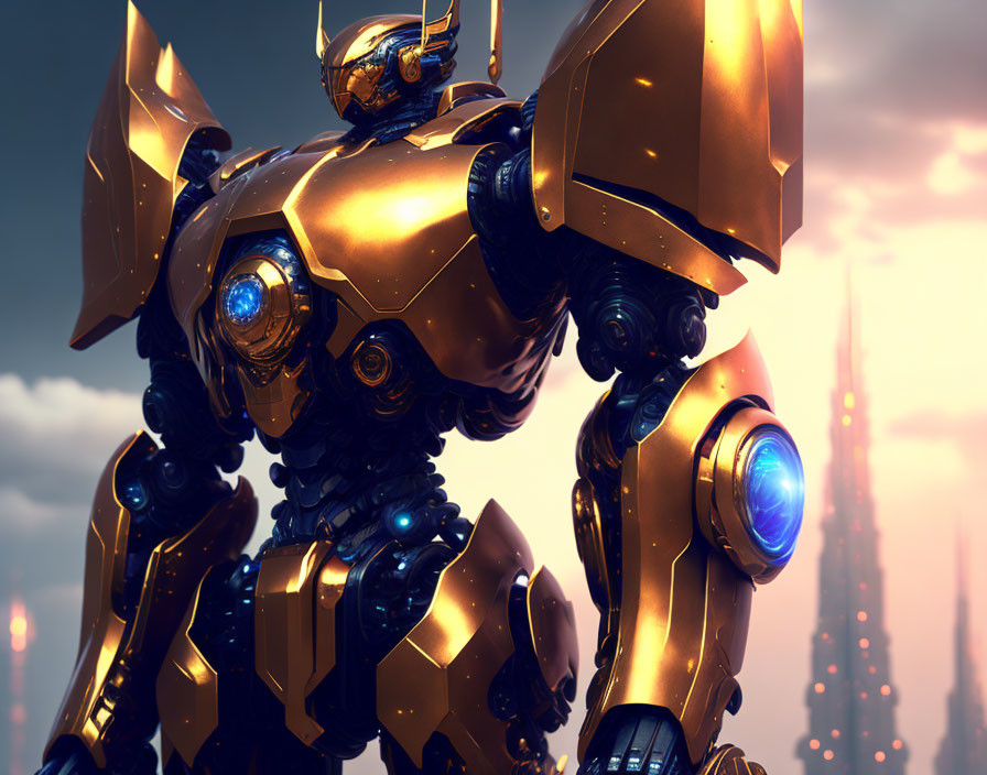 Golden robotic figure with blue glowing elements in futuristic cityscape