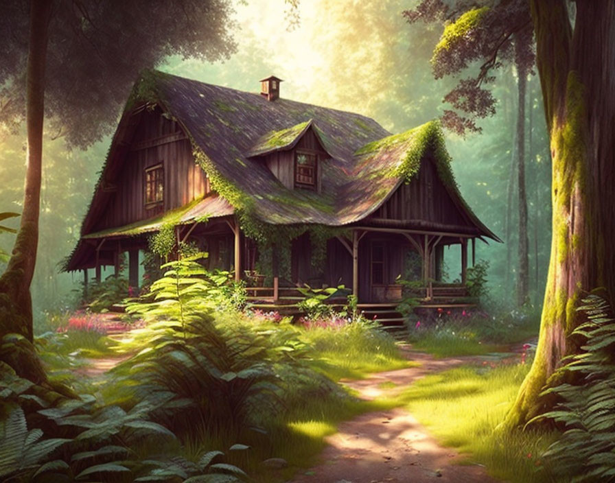 Wooden cottage with moss-covered roof in lush forest