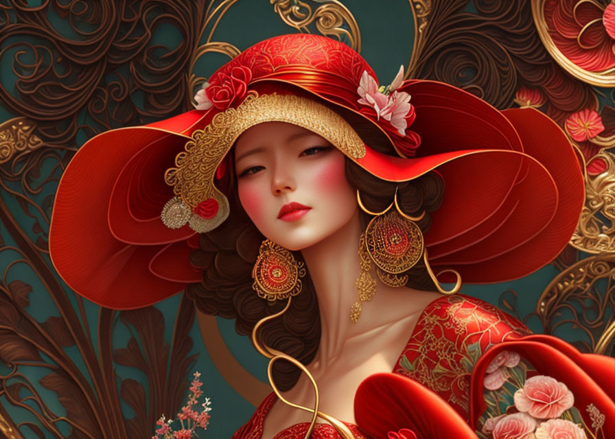 Illustrated woman in red hat, earrings, and robe on intricate background