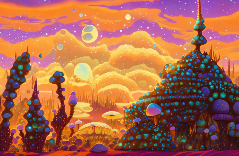 Colorful alien landscape with whimsical vegetation and glowing orbs under a purple sky.