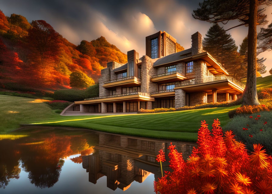 Modern multi-level house with stone exteriors by calm pond & autumn foliage under vibrant sunset sky