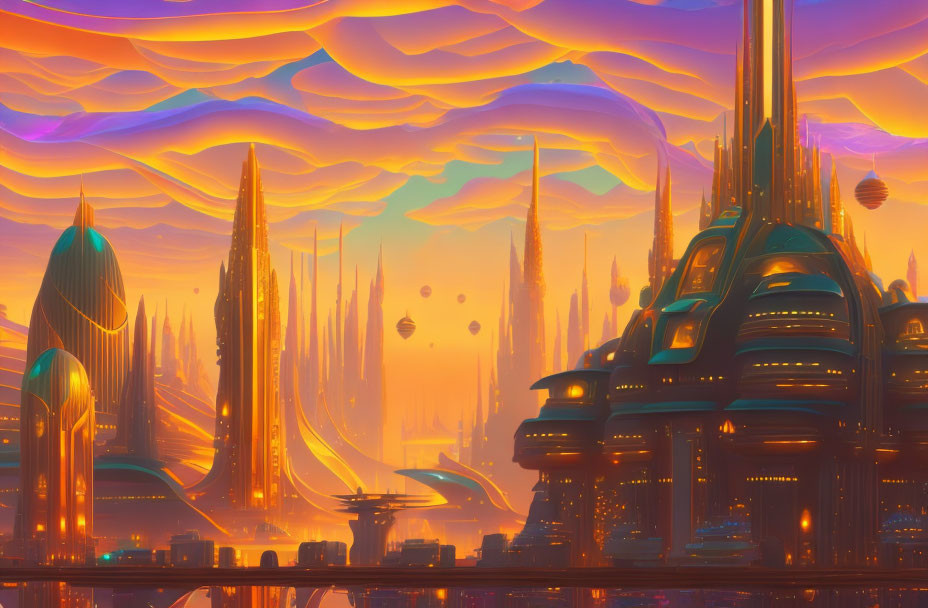 Futuristic cityscape with skyscrapers, flying vehicles, and sunset glow