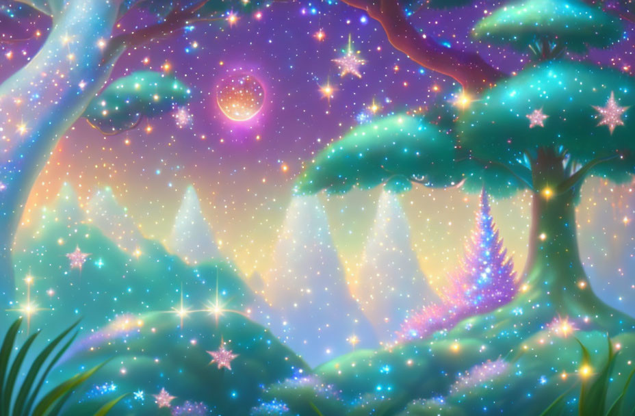 Enchanting twilight forest with glowing trees, starry sky, and crescent moon